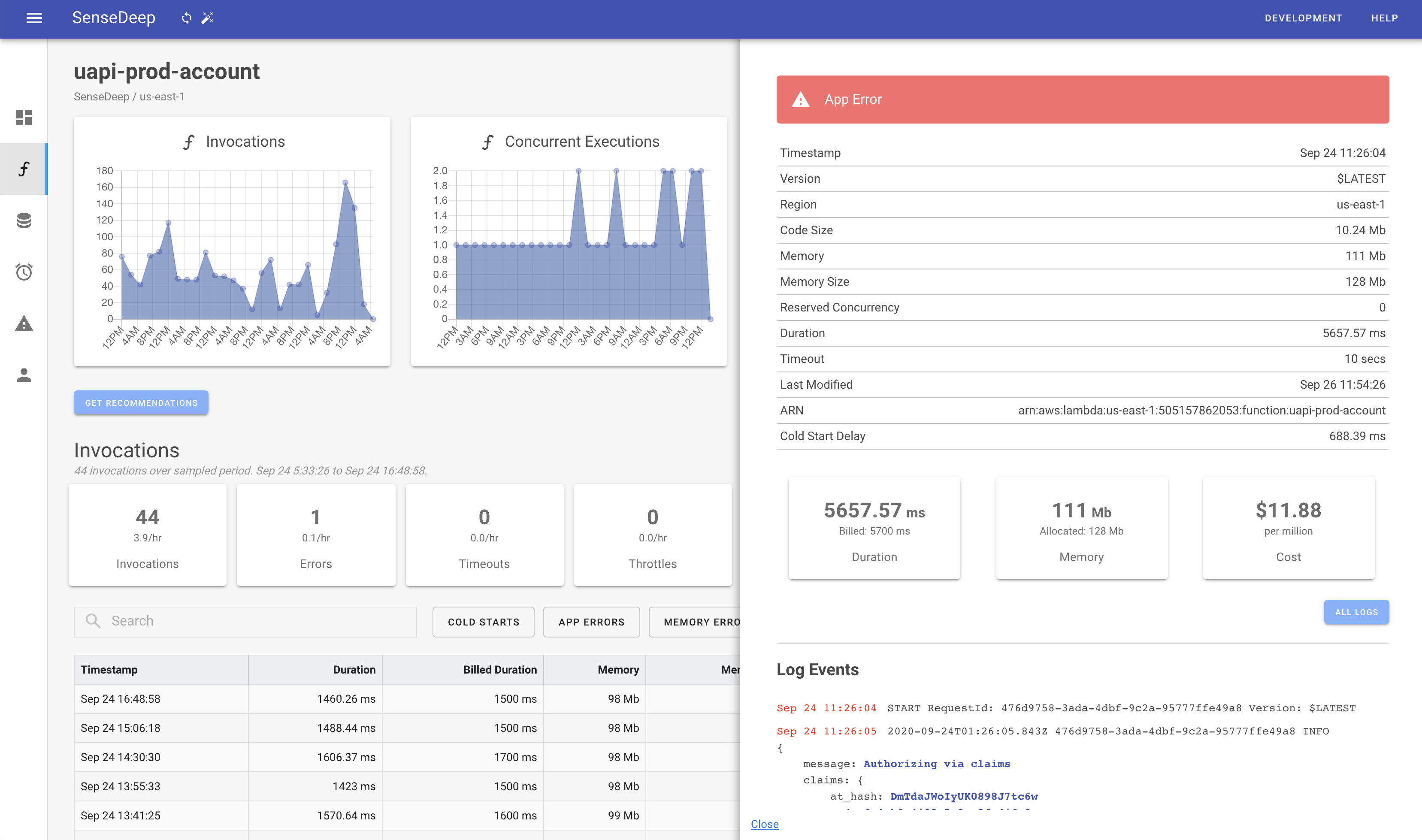 SenseDeep Functions Log