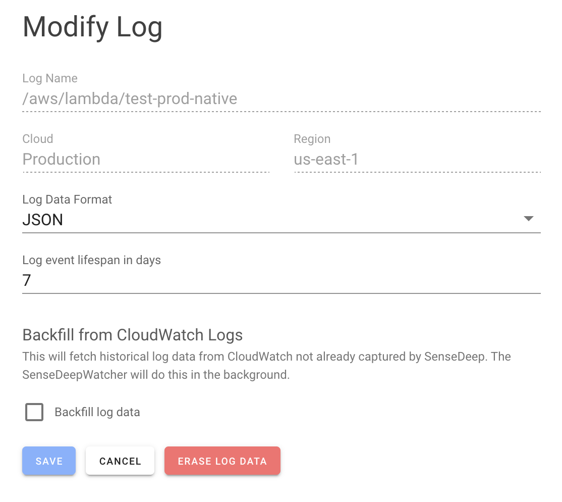 SenseDeep Modify Log Group